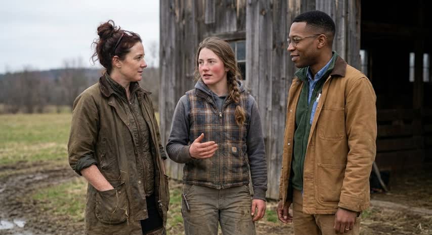 Reference: three people talking outside a barn